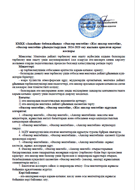 КМҚК «Аққайың» бөбекжайында  «Әжелер мектебін» «Жас аналар мектебін», «Әкелер мектебін» ұйымдастырудың  2024-2025 оқу жылына арналған жұмыс жоспары