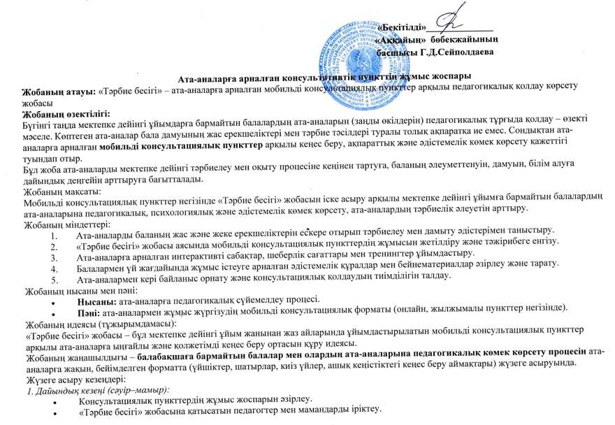 Ата-аналарға арналған консультативтік пункттің жұмыс жоспары 2025-2026 ОҚУ ЖЫЛЫ